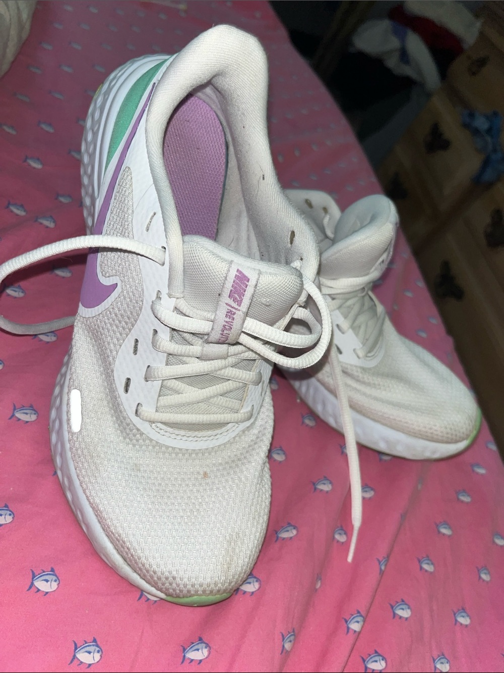 Nike Women White Sneakers with Purple & Mint Accents